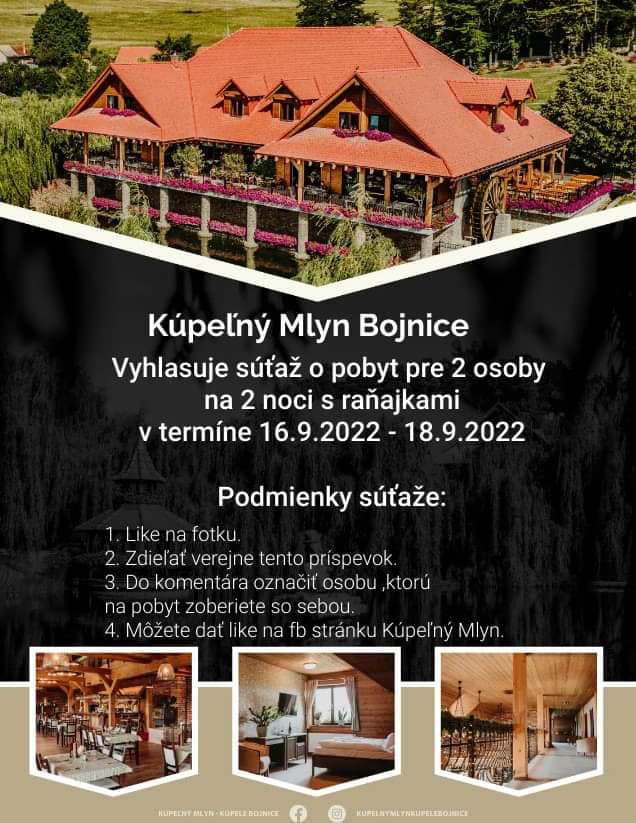 Súťaž o pobyt pre 2 osoby v Kúpeľný Mlyn Bojnice